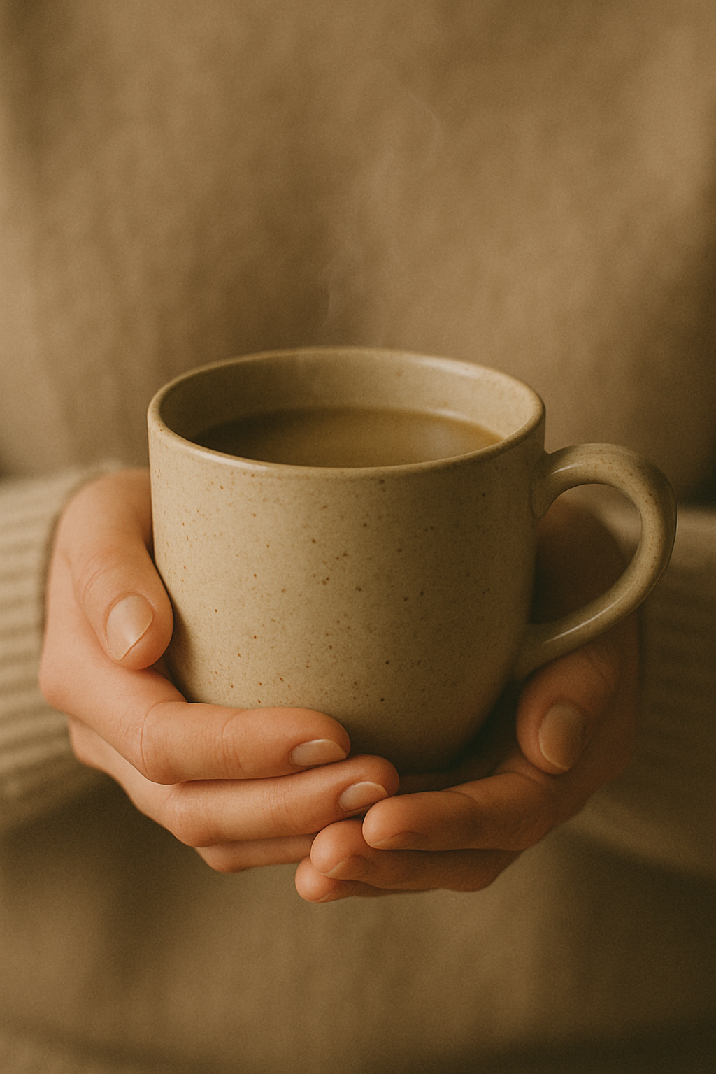 Dłonie trzymające ciepły kubek kawy – symbol spokoju, czułości i chwili dla siebie