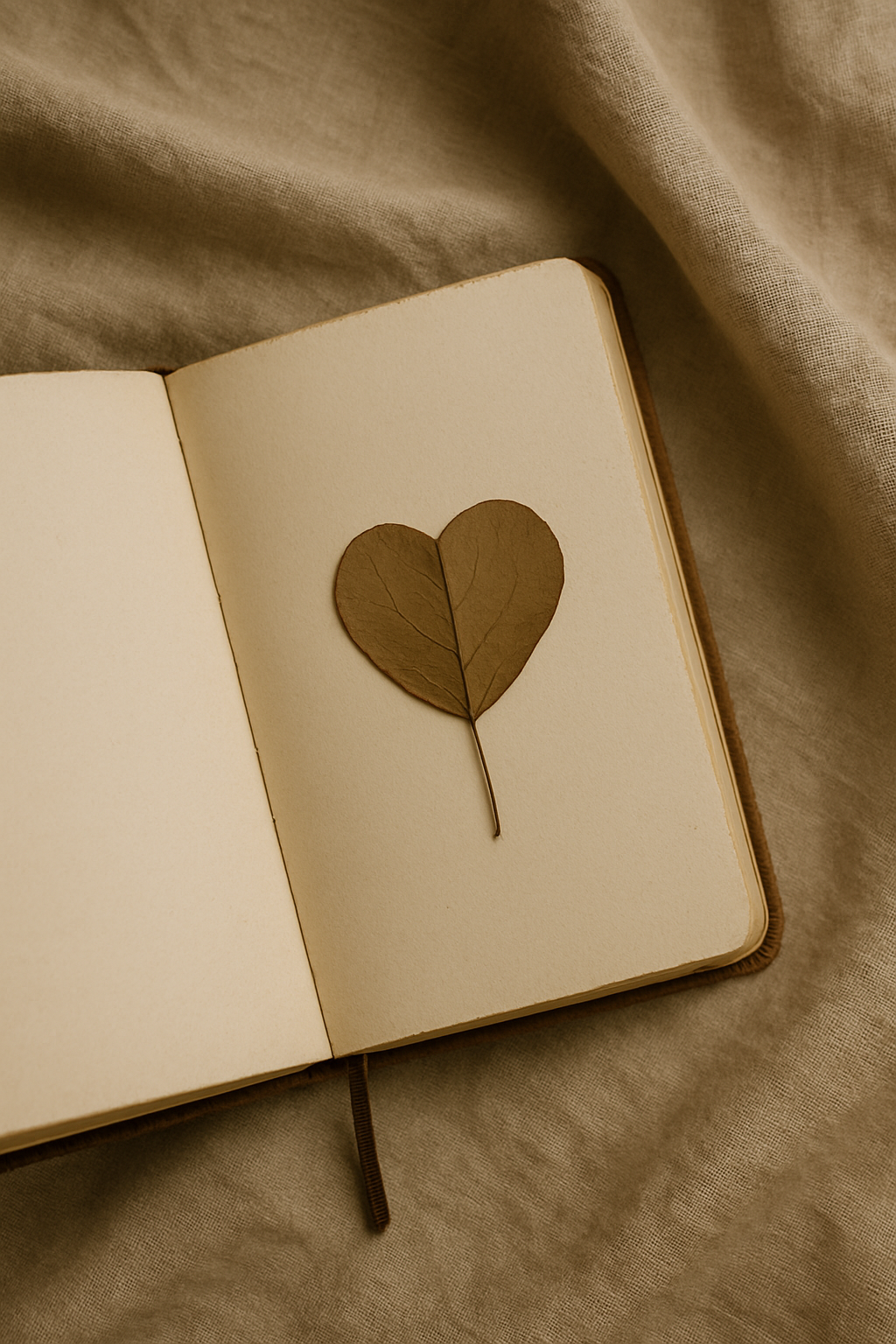 Otwarty notatnik z liściem w kształcie serca – symbol delikatności i emocji
