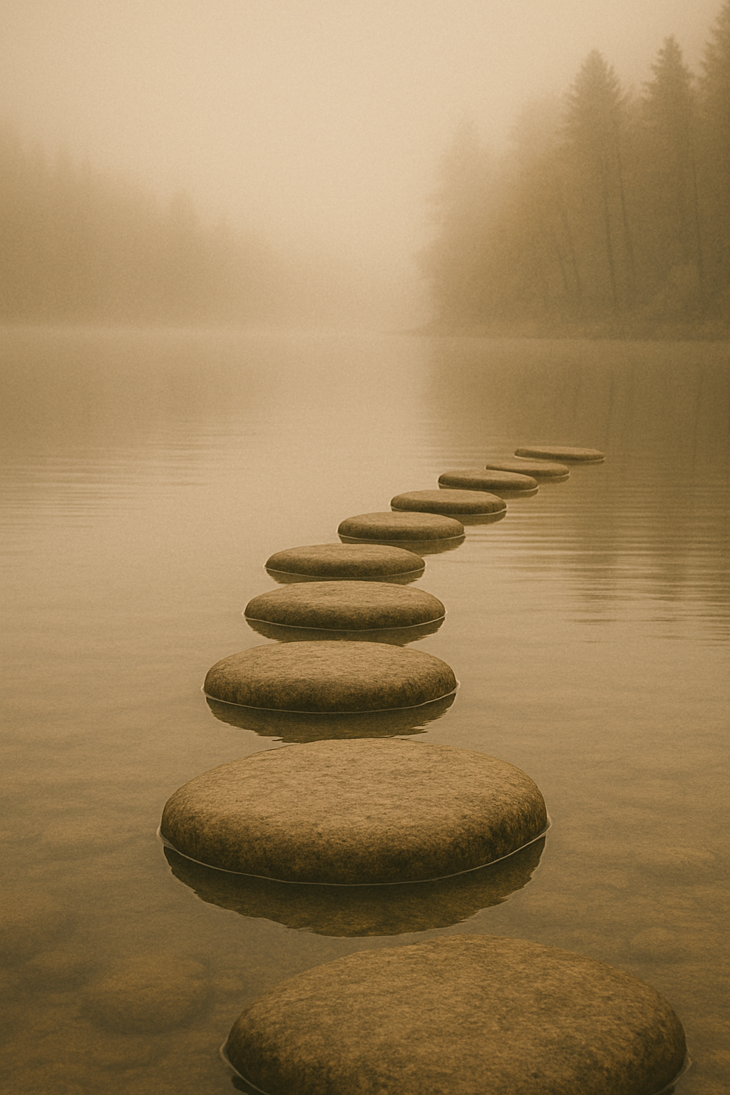 Kamienne stopnie prowadzące przez jezioro w mglisty poranek – metafora bezpiecznego przejścia i procesu terapeutycznego