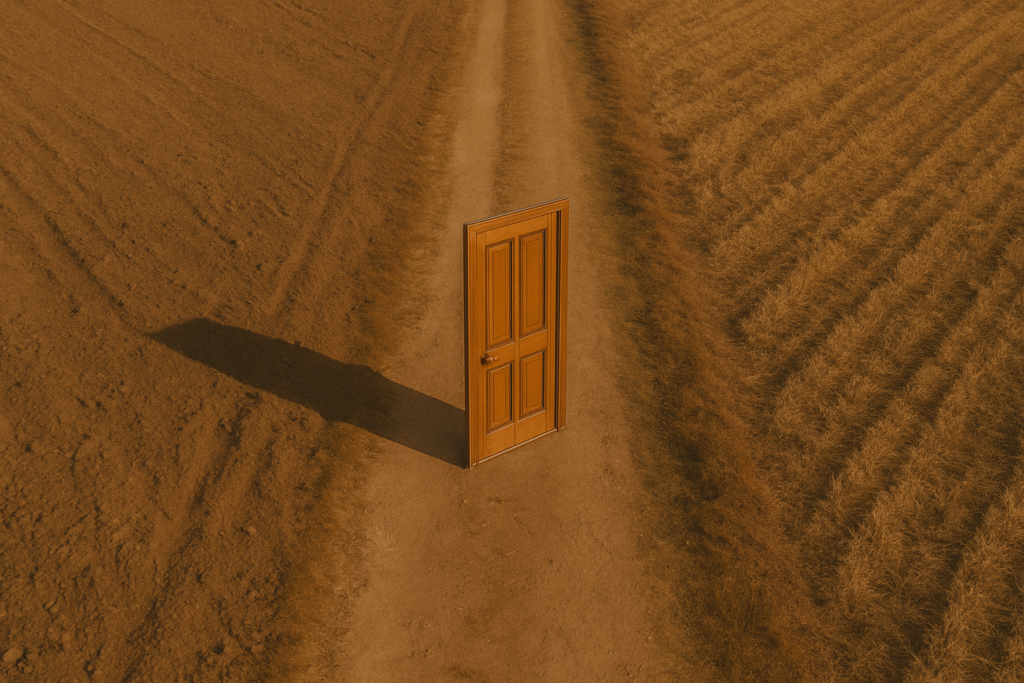 Samotne drzwi na rozdrożu wśród pól – symbol decyzji, przejścia i nowych możliwości